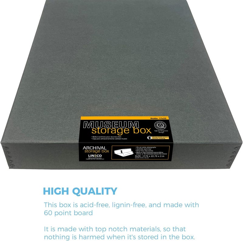 Lineco Museum Archival Storage Box, 17.75x22.75x3 in. Drop Front Design. Acid-Free with Metal Edge. Organize Photos, Pictures, Prints, Documents, Crafts, DIY. Gray, 1 Pack - Image 3